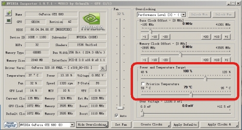 刷新BIOS以后，nvidia Inspector的超频菜单中出现了GPU Boost 2.0独有的保护温度控制选项。 